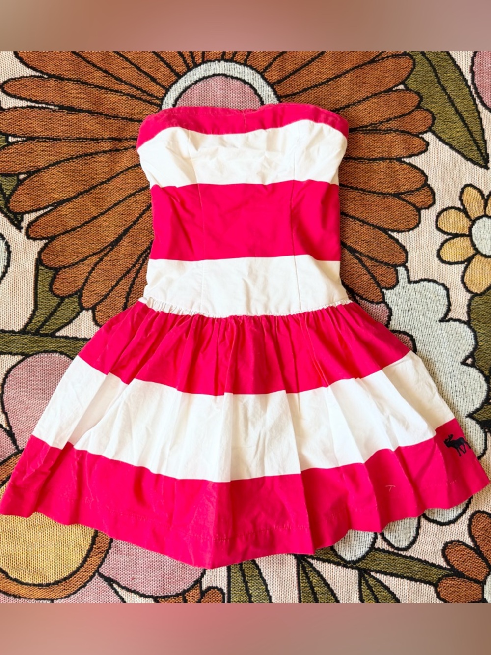 Vintage Y2K Abercrombie Strapless Dropwaist Dress Hot Pink White Stripes Size XS